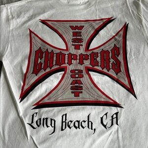 White Long Sleeve Graphic Tee with Red & Black Cross Design vintage retro size m